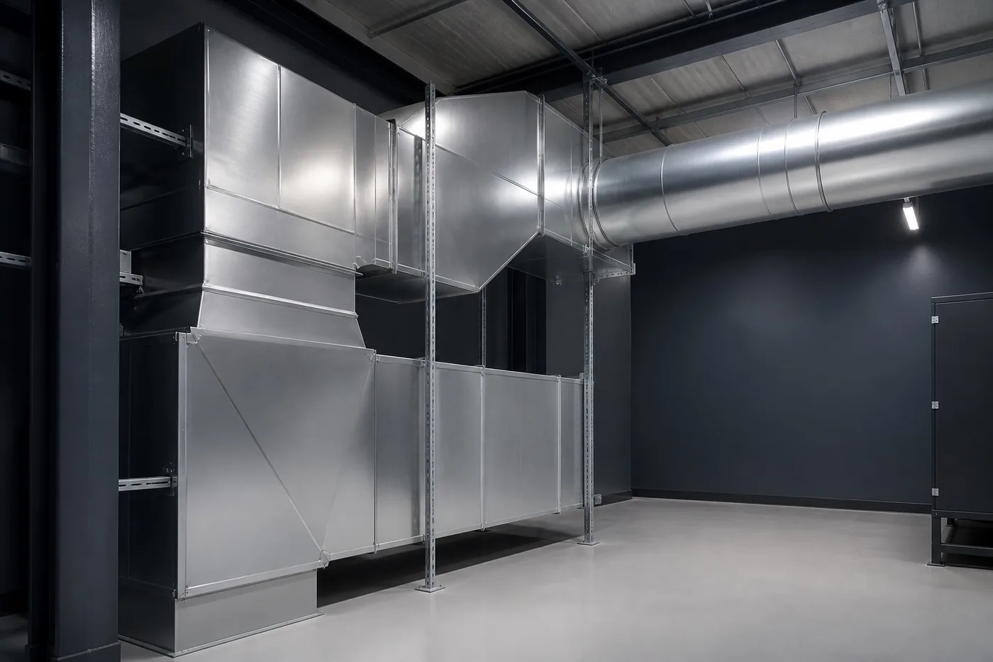 Conductos aislados con acabado exterior en aluminio dentro de una sala técnica